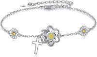 wholesale 925 Sterling Silver Daisy Cross Charm Adjustable Link Chain Bracelet-Silver