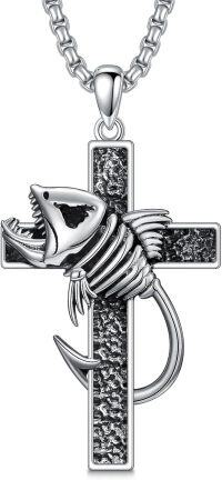 wholesale 925 Sterling Silver Shark Fish Bone Anchor Cross Pendant Necklace for Women and Men Religious s for Christmas Birthdays Mother's Day-03-Fish Hook
