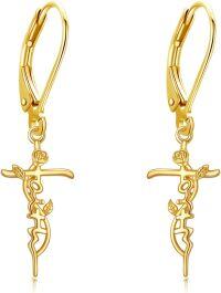 wholesale 14K Gold Cross Hummingbird Lotus Sunflower Dangle Earrings-Flower Faith Cross Earrings