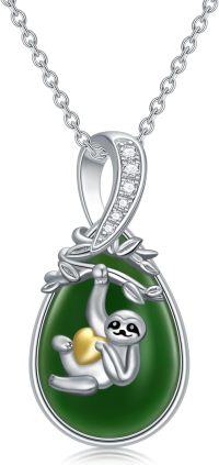 wholesale Sterling Silver Green Jade Necklace with Teardrop Hummingbird Dragonfly Butterfly Bee Cardinal Owl Fox Sloth Jewelry Gifts for Women Mom-Sloth-White Gold