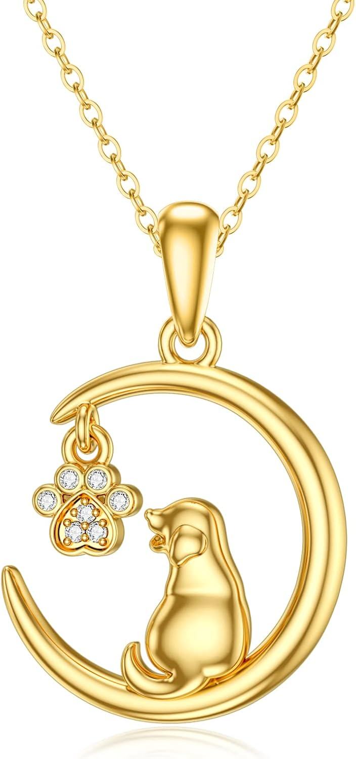 wholesale 14K Gold CZ Cat and Paw Print on Crescent Moon Pendant Necklace for Women s-0-0