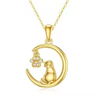 wholesale 14K Gold CZ Cat and Paw Print on Crescent Moon Pendant Necklaces Wholesale for Women s-Dog
