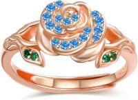 wholesale Sterling Silver Rose Gold Birthstone Adjustable Ring for Women-03 Mar - Aquamarine