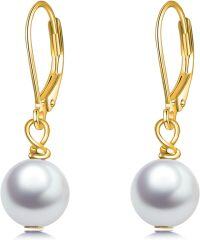 wholesale 925 Sterling Silver White Round Pearl Drop Dangle Leverback Earrings for Women-Leverback Earrings-Gold-plated