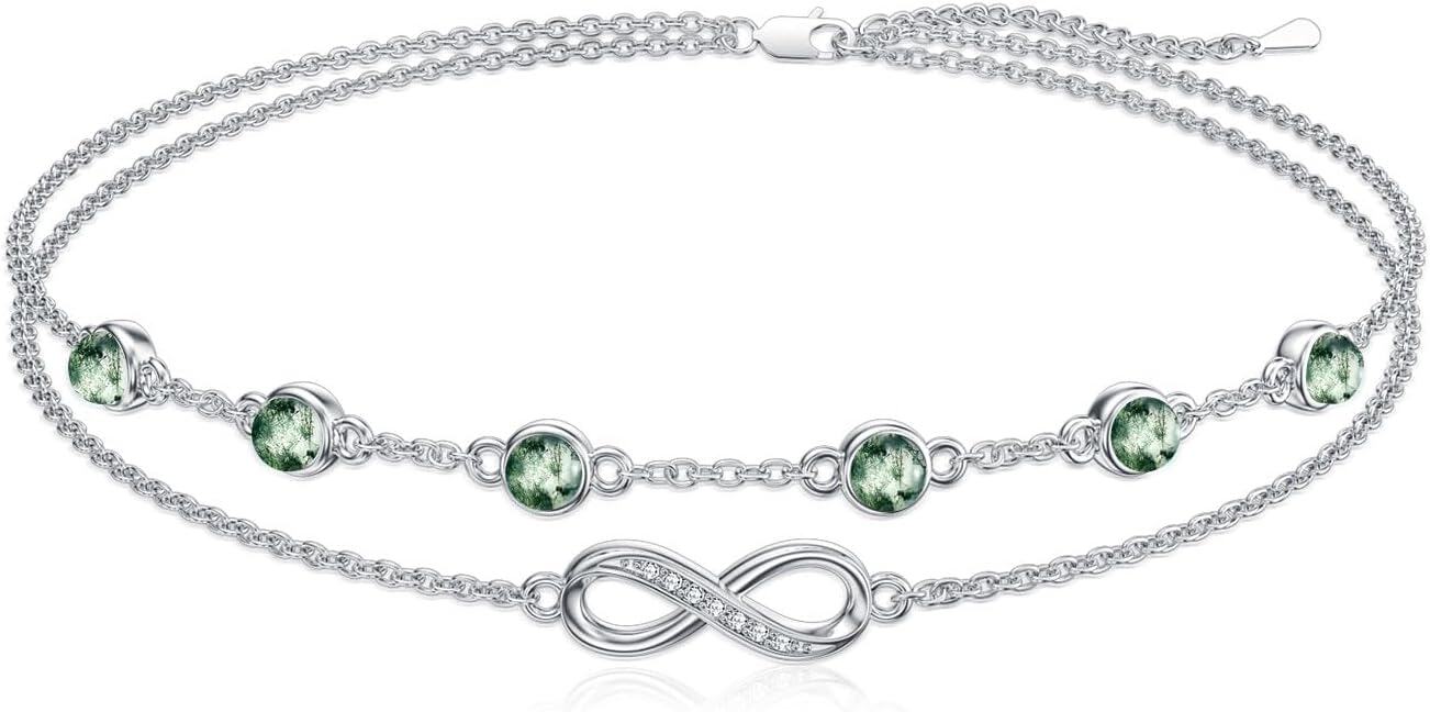 Sterling Silver Birthstone Women s Anklet Bracelets Infinity Butterfly Evil Eye Turtle Pineapple Starfish Heart-Bracelet 7"-9"-Infinity 15-Moss Agate
