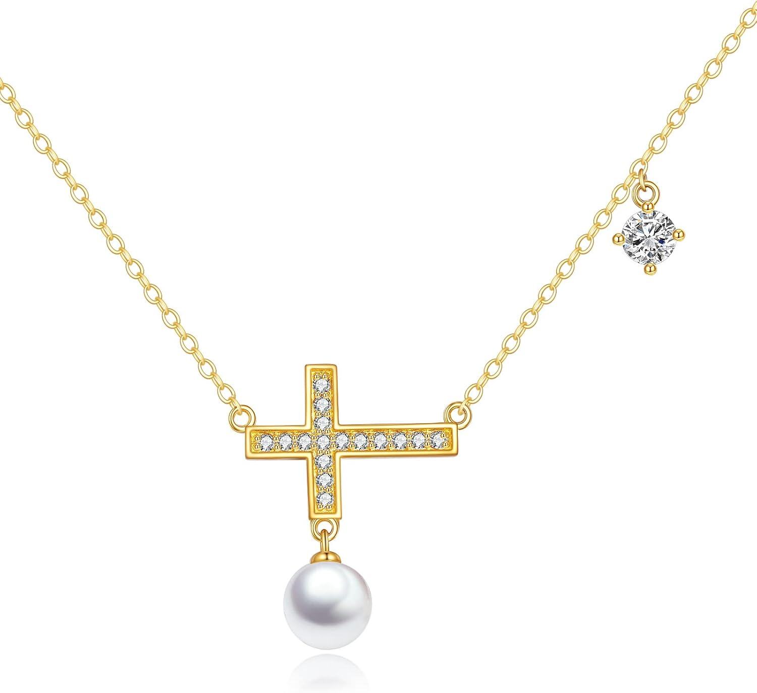 wholesale 925 Sterling Silver Plated 18k Yellow Gold Pearl & Cubic Zirconia Cross Pendant Necklace for Women-0-0