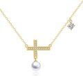 wholesale 925 Sterling Silver Plated 18k Yellow Gold Pearl & Cubic Zirconia Cross Pendant Necklace for Women-0-0