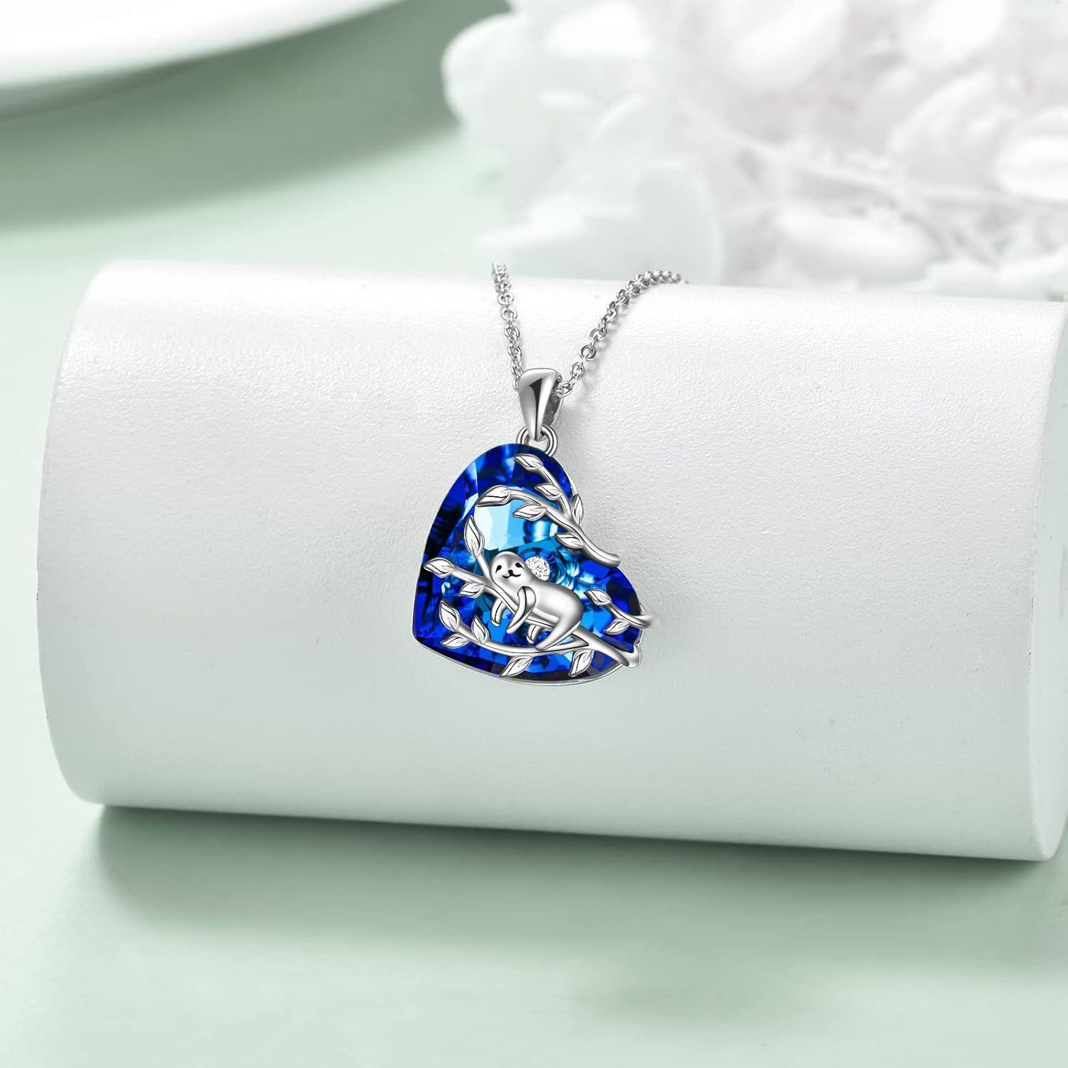 925 Sterling Silver Blue Crystal Sloth Branch Pendant Necklace Gift for Her-0-4