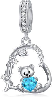 wholesale 925 Sterling Silver 12 Month Birthstone Teddy Bear Charms Bracelet Jewelry Gifts-March