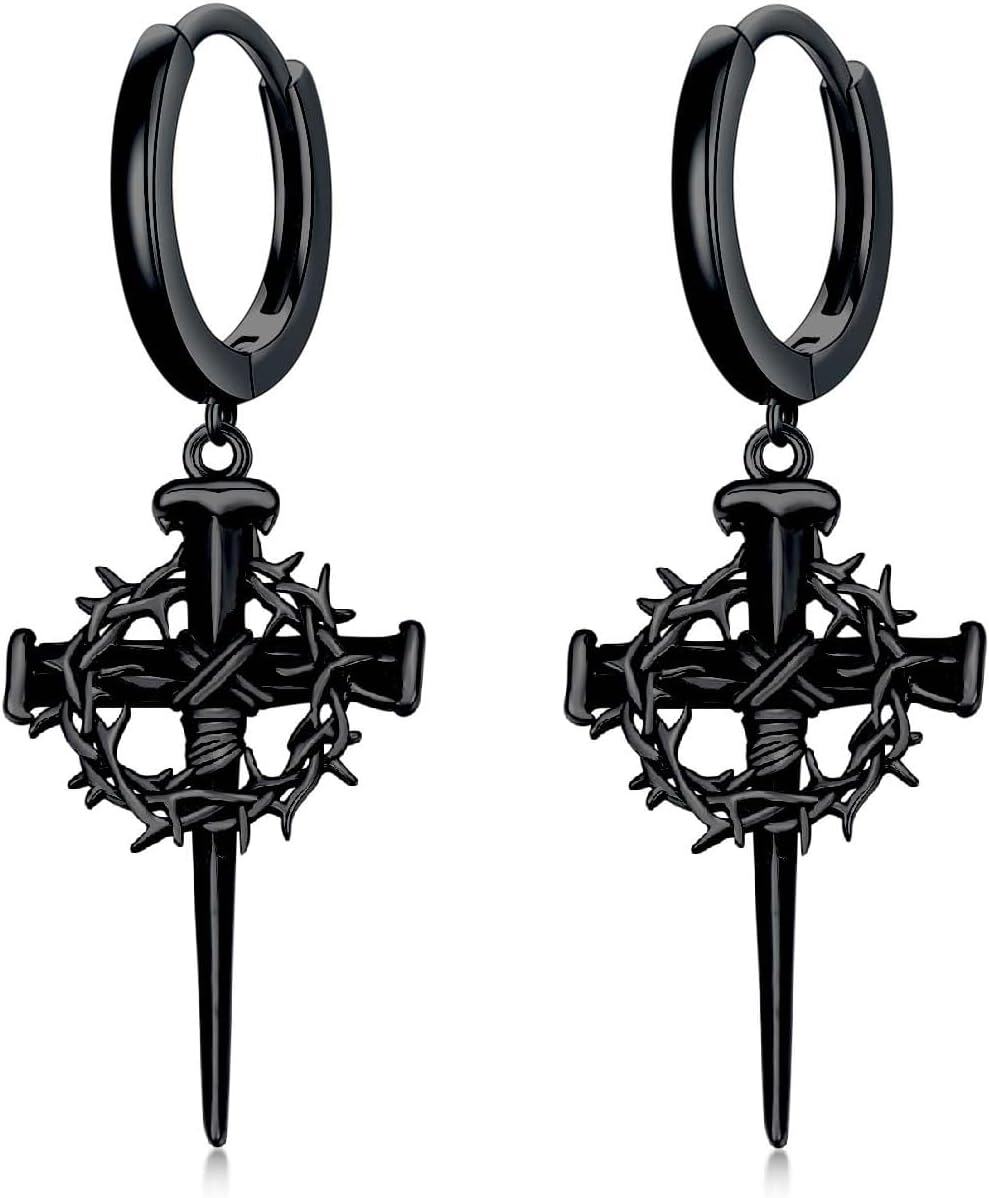 Black Stainless Steel Gothic Crown of Thorns Cross Huggie Hoop Earrings for Men-0-0