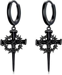 wholesale Gold 925 Sterling Silver Crown of Thorns Cross Hoop Earrings for Men-3-Black