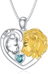 wholesale Silver Stone Lion Heart Necklace Lioness Lion Jewelry Gift for Women-March - Aquamarine