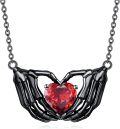 wholesale Black  Heart-Shaped CZ Skeleton Hands with Red Stone Pendant Necklace-0-0