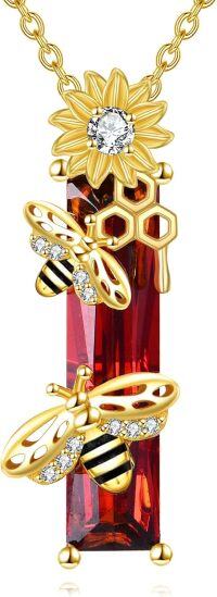wholesale S925 Sterling Silver Bee Necklace with Crystal Sunflower & Honeycomb Pendant-Bee Red Crystal