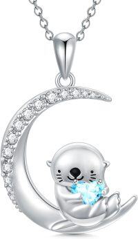 wholesale Sterling Silver Animal Birthstone Necklace Otter Axolotl Hippo Pendant Jewelry Gift for Women-03-March-Otter