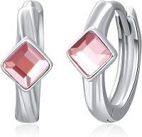 wholesale 925 Sterling Silver Crystal Square Hoop Earrings for Women Men Birthstone Huggie Fashion Jewelry-October