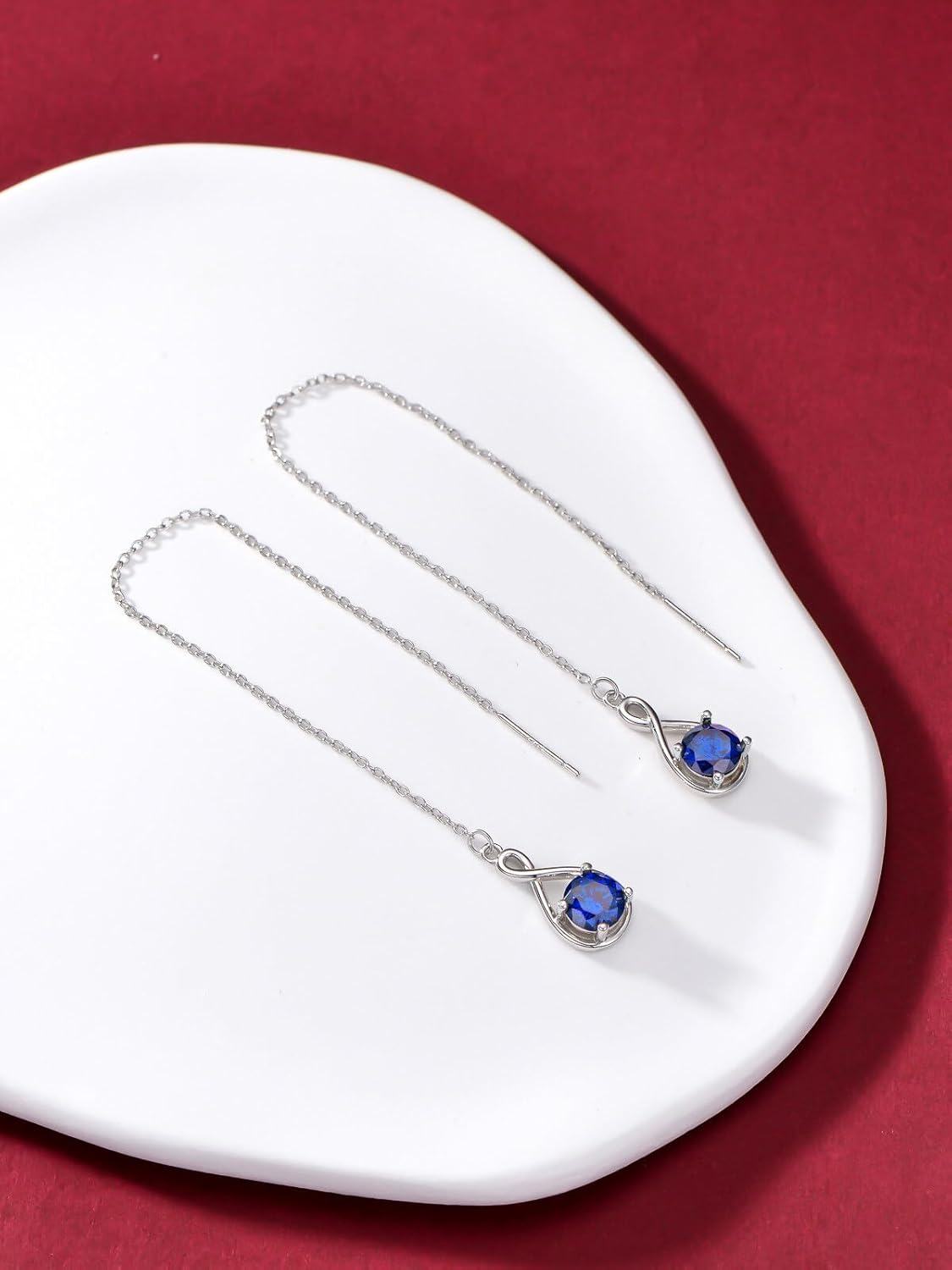  Sterling Silver Birthstone Threader Earrings Infinity Long Chain Drop Pull Through 12 Stone Birthday Jewelry Gifts for Women -0-5