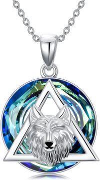 wholesale 925 Sterling Silver Blue Crystal Wolf Head Therian Pendant Necklace-Wolf