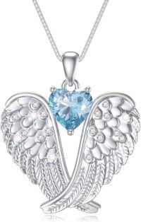 wholesale 925 Sterling Silver Birthstone Angel Wings Pendant Necklace for Women Christmas Gift-3-Mar-Aquamarine
