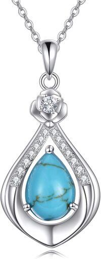 wholesale Sterling Silver Moss Agate Turquoise Larimar Aquamarine Opal Black Onyx Rose Quartz Moonstone Pendant Necklace-Turquoise