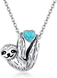 wholesale Sterling Silver Stone Cute Sloth Pendant Necklace for Women Girls Gifts-turquoise sloth