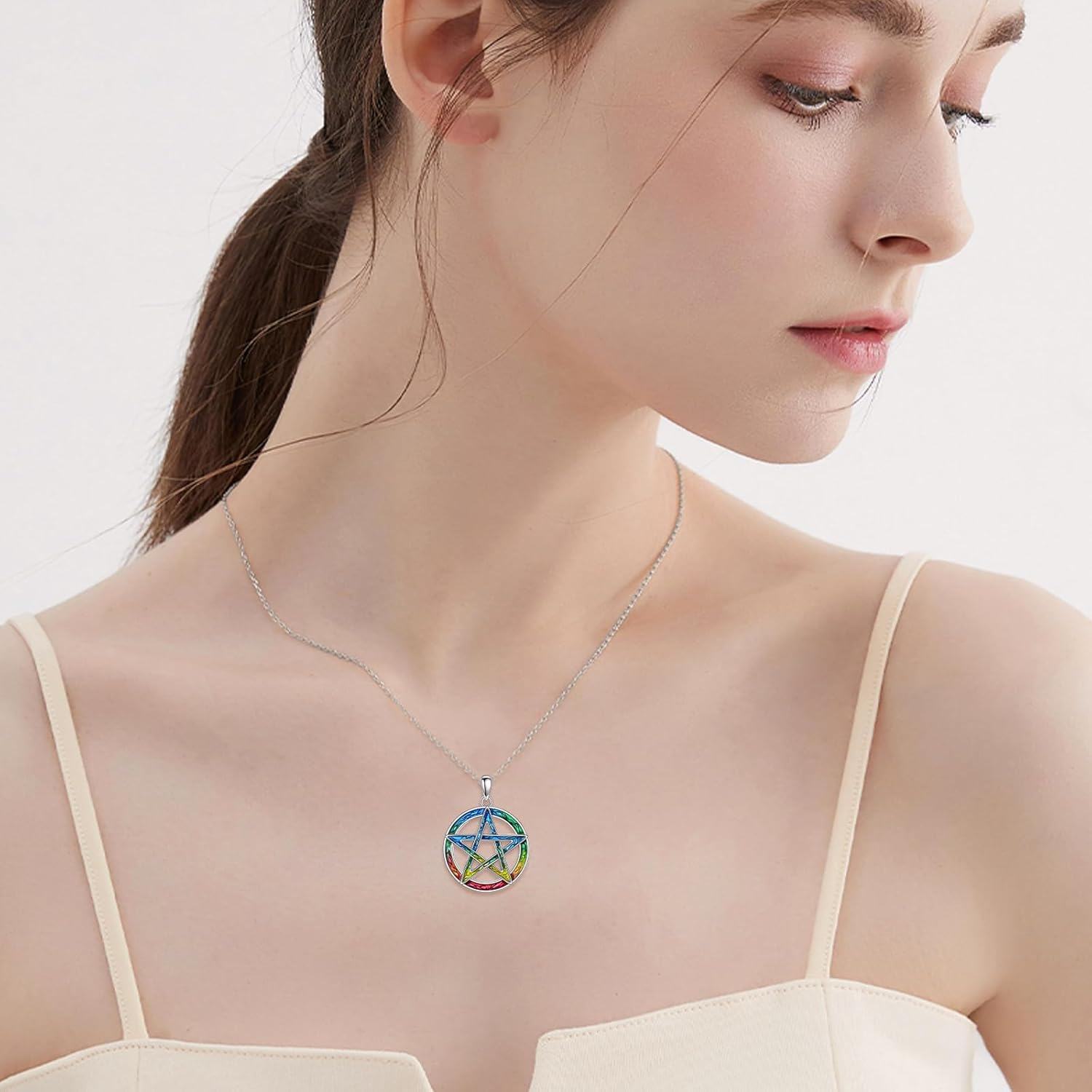 wholesale 925 Sterling Silver Rainbow Enamel Pentacle Triquetra Pendant Necklace for Women-0-2