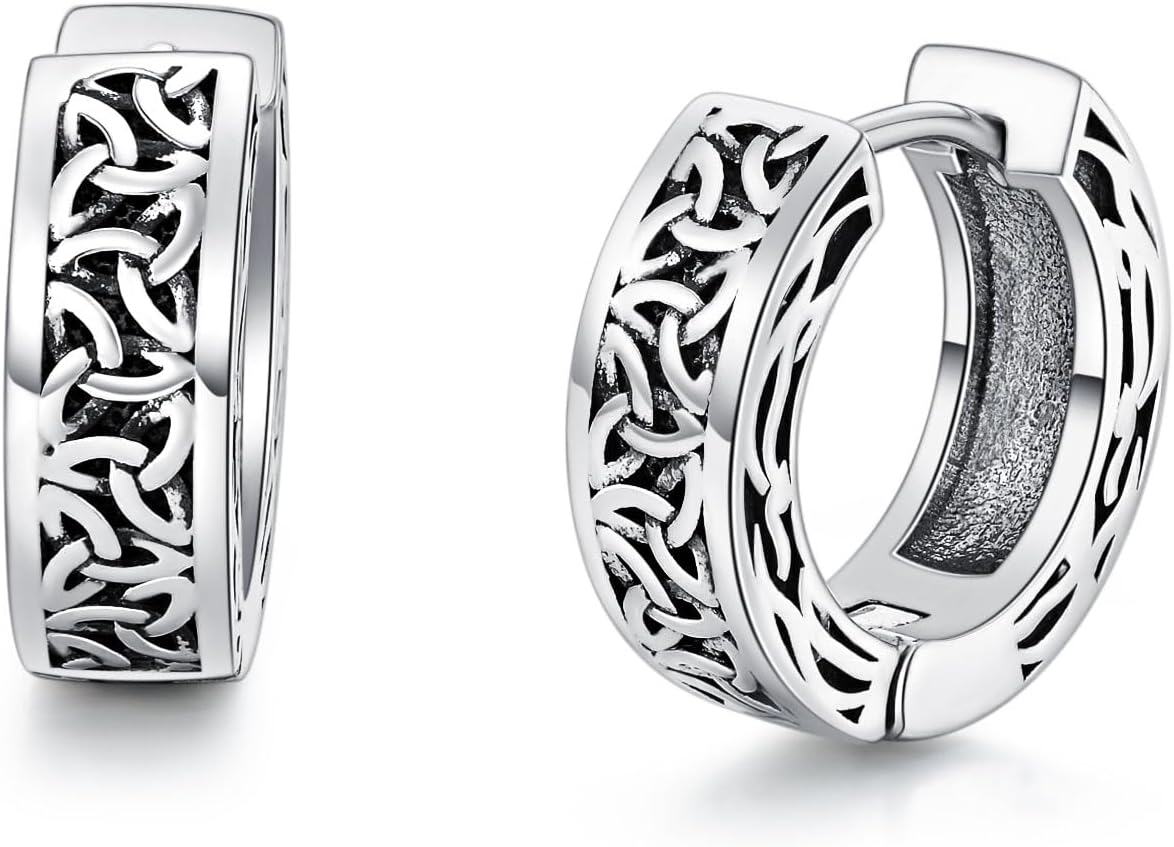 Sterling Silver Viking Earrings Huggie Hoop with Stone Vintage Jewelry Gifts for Men Women Boys Girls-Celtic