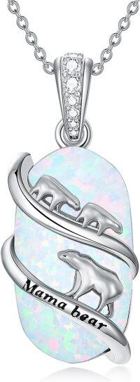wholesale 925 Sterling Silver White Opal Mama Bear Family Pendant Necklace Gift for Women and Moms-2 Bear Cubs