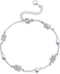 wholesale Sterling Silver Turquoise Black Pearl Opal Leaf Bracelet Jewelry Gift for Women-white opal