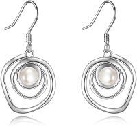 wholesale 925 Sterling Silver Circle Design with Pearl and Swirls Drop Dangle Earrings-White Pearl Earrings