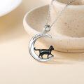 wholesale 925 Sterling Silver Crescent Moon with Black Cat and Cubic Zirconias Pendant Necklace for Women-0-3
