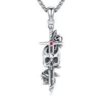 wholesale 925 Sterling Silver Gothic Sword with Rose Skull & Snake CZ Pendant Necklace-Skull Sword