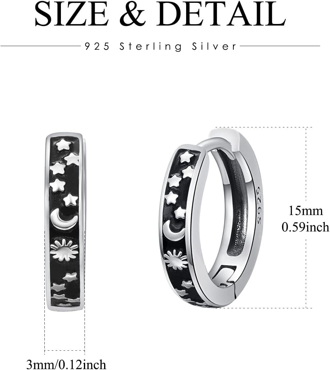 Sterling Silver Celestial Star Moon Earrings for Men Women Small Hoop Huggie Jewelry-0-4