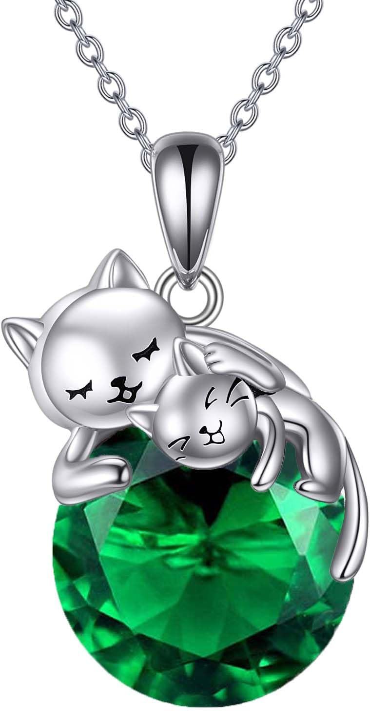 925 Sterling Silver Green Crystal Cats Pendant Necklace for Women-0-0