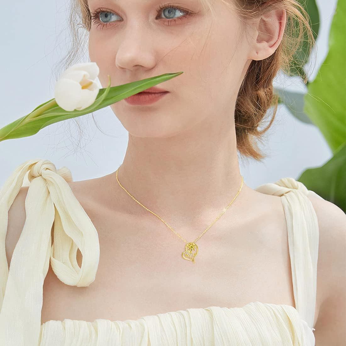 14K Gold Sunflower Heart Necklace for Women Real Gold Flower Pendant Fine Jewelry Gift for Wife Mom Girlfriend 16 18 -0-2