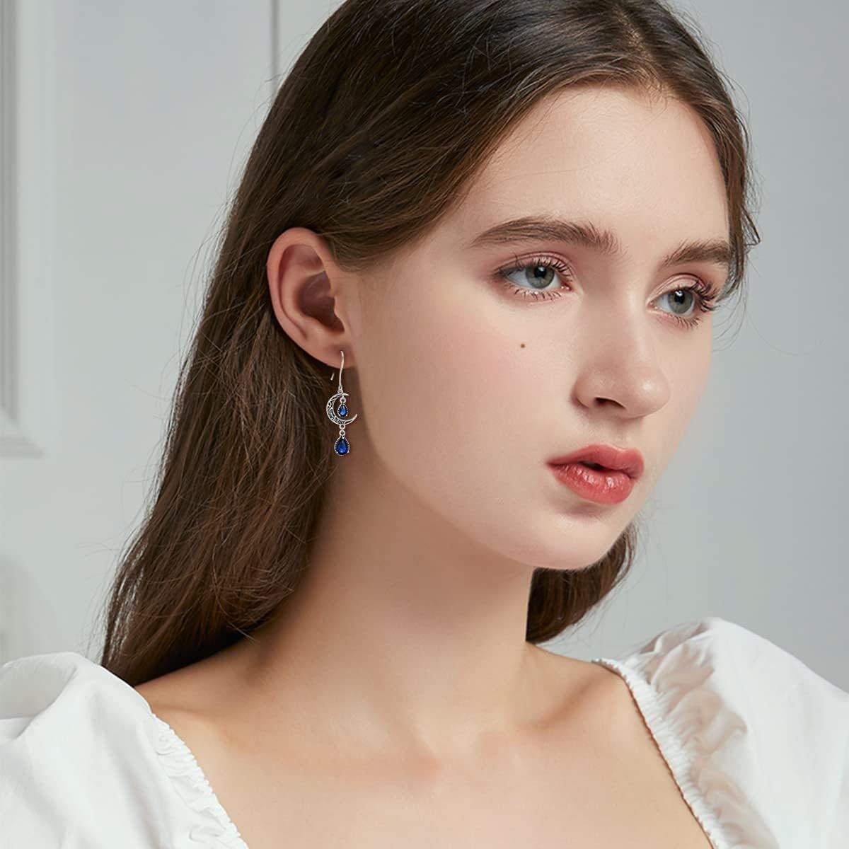 925 Sterling Silver Crescent Moon Drop Earrings with Blue Stones and Antique Finish-0-1