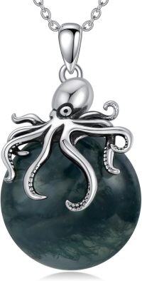 wholesale 925 Sterling Silver Green Moss Agate & White Moonstone Octopus Pendant Necklace Ocean Life Jewelry for Women Girls 36 Chain Gift Boxed-Agate