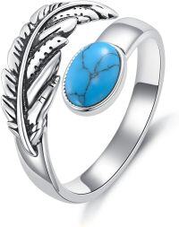 wholesale 925 Sterling Silver Turquoise Adjustable Feather Ring – Bohemian Style for Love & Protection-Feather