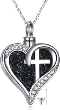 wholesale 925 Sterling Silver Black Drusy Cross Heart Tear Drop Pendant with Funnel and Chain - Memorial Keepsake Jewelry for Ashes-Cross - heart shaped