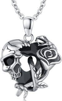 wholesale 925 Sterling Silver Gothic Snake & Rose Heart Skull Pendant Necklace-Gothic Rose Flower with Snake
