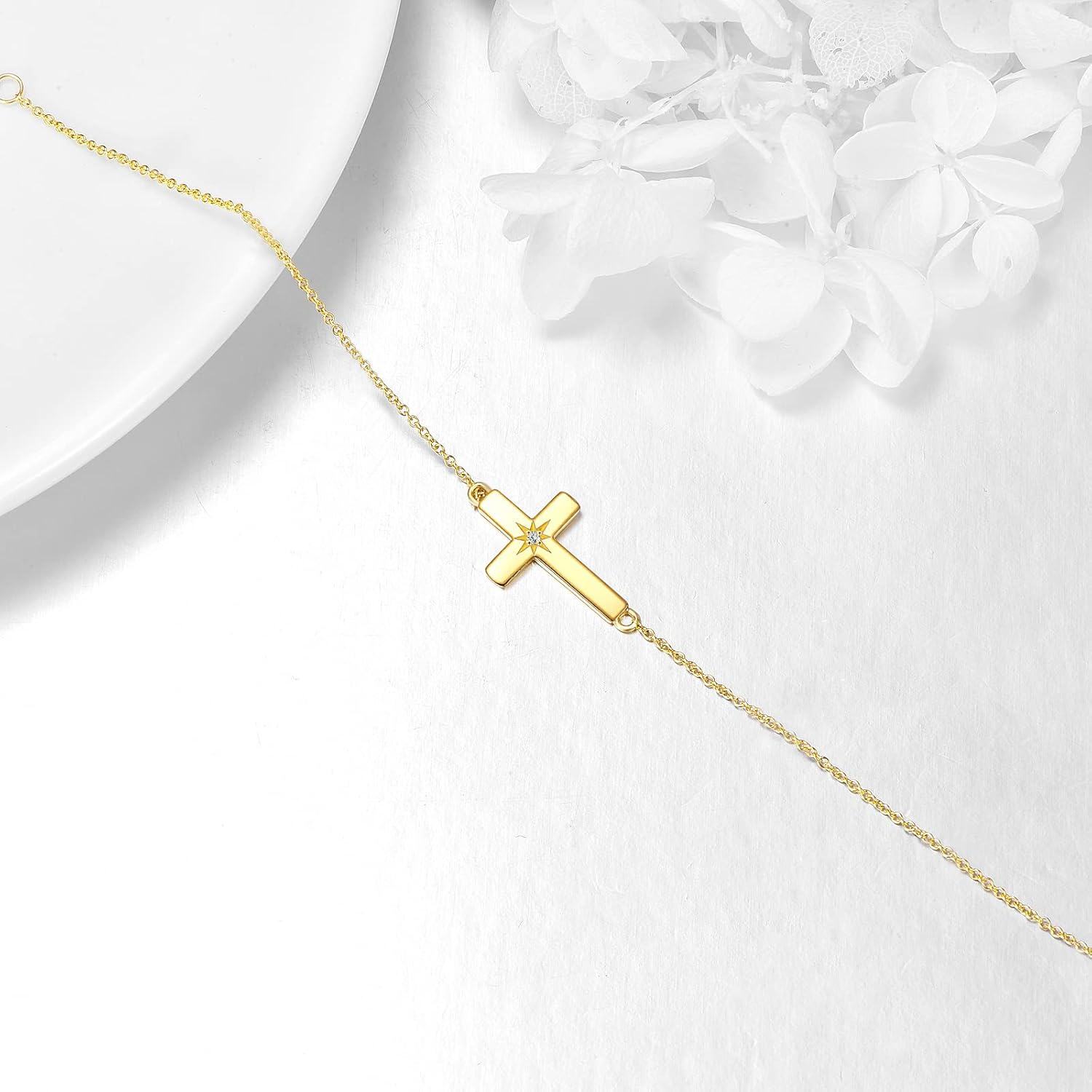 wholesale 14K Gold Sideways Cross CZ Star Charm Chain Link Bracelet for Women Adjustable Religious s-0-5