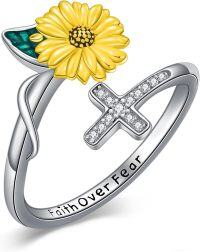 wholesale Sunflower Ring 925 Sterling Silver Cross Sunflower Open Ring Adjustable Faith Religious Christian Jewelry Christmas Birthday Gifts For Women Mom Wife Daughter Sister Friend -undefined