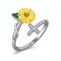 TOUPOP Sterling Silver Cross Sunflower Open Adjustable Ring Christian Gift-undefined