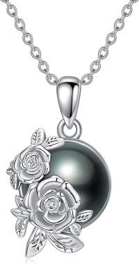 wholesale 925 Sterling Silver Black Freshwater Pearl with Roses Pendant Necklace for Women-Style 2