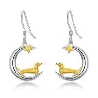 wholesale 925 Sterling Silver Crescent Moon Star Dachshund Dog Two Tone Drop Earrings-Dachshund Earrings