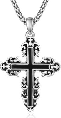 wholesale 925 Sterling Silver Black Enamel Scrollwork Cross Pendant Necklace for Men & Women-Cross Necklace-Black