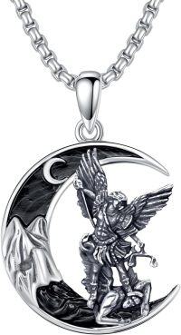 wholesale 925 Sterling Silver Gothic Angel on Crescent Moon Pendant Necklace for Men & Women-Saint Michael