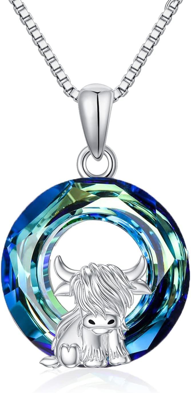 Sterling Silver Highland Cow Birthstone Necklace Jewelry Gifts for Women Girls-Blue Crystal-Blue Crystal