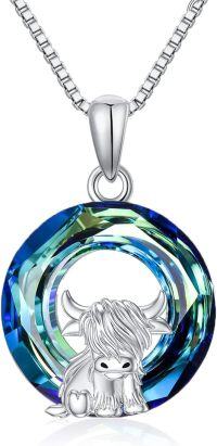 wholesale Sterling Silver Highland Cow Birthstone Necklace Jewelry Gifts for Women Girls-Blue Crystal-Blue Crystal