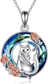 wholesale 925 Sterling Silver Blue Crystal Cat Pendant Necklace with Rose Accents-Cat